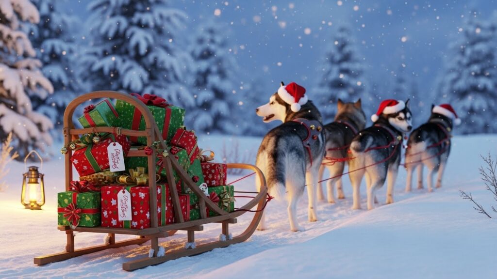 Christmas sled dog holiday gifts with snowy background